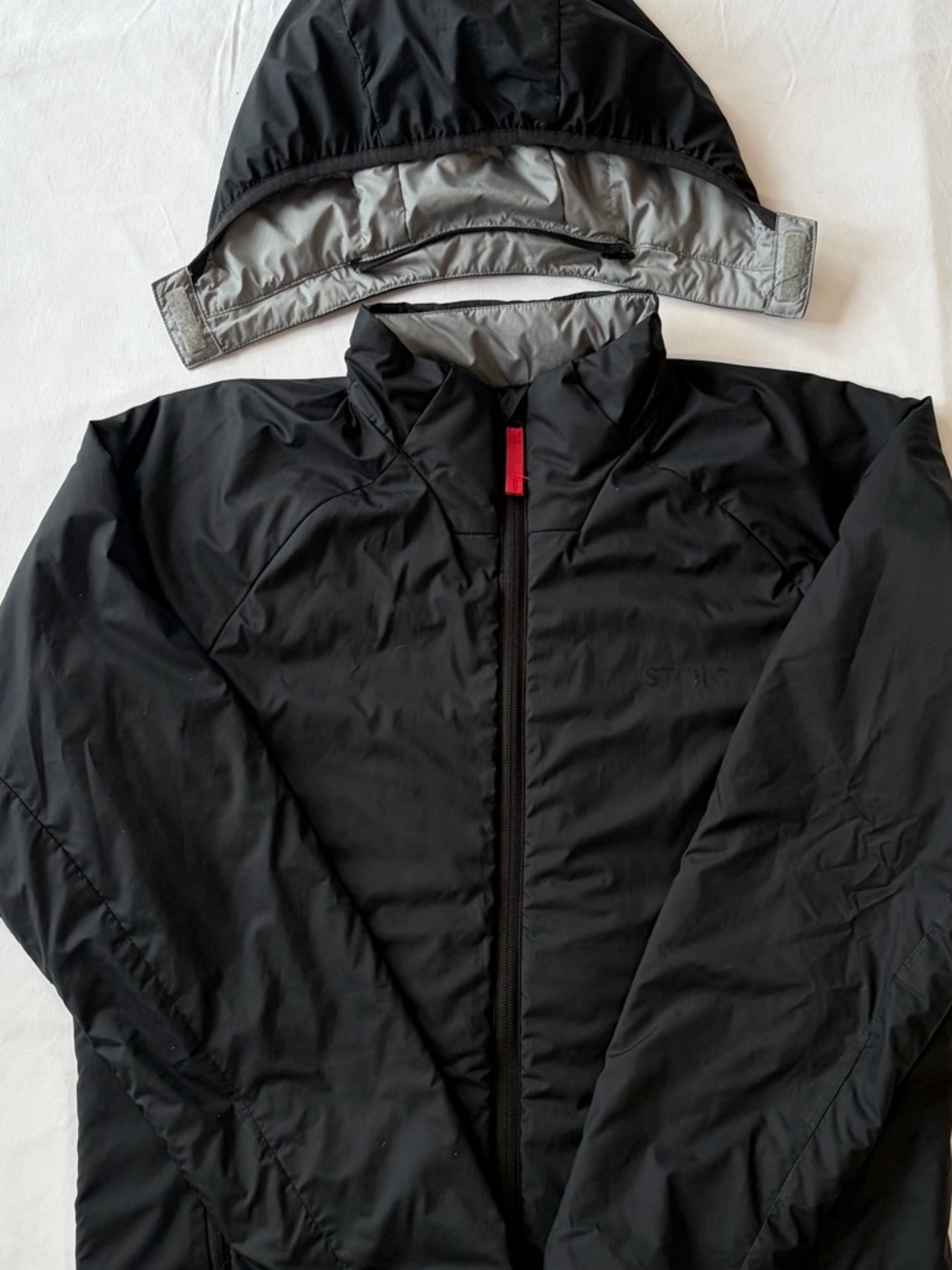 STOIC Men's Black Jacket Fill Zip Removable Hood Sz Sm / Youth L Lightweight